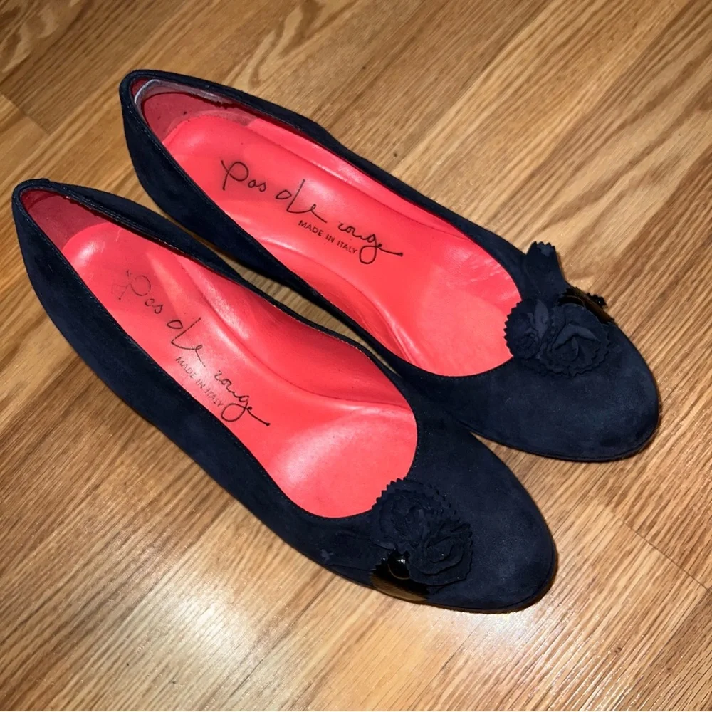 Pas‎ de Rouge Blue Suede 2.5” wedge Heels with rosette bows